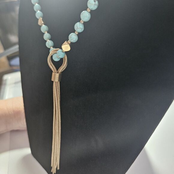 Gold Tone Long Necklace With Turquoise And Tassel Pendant 40 To 43" - Picture 5 of 13